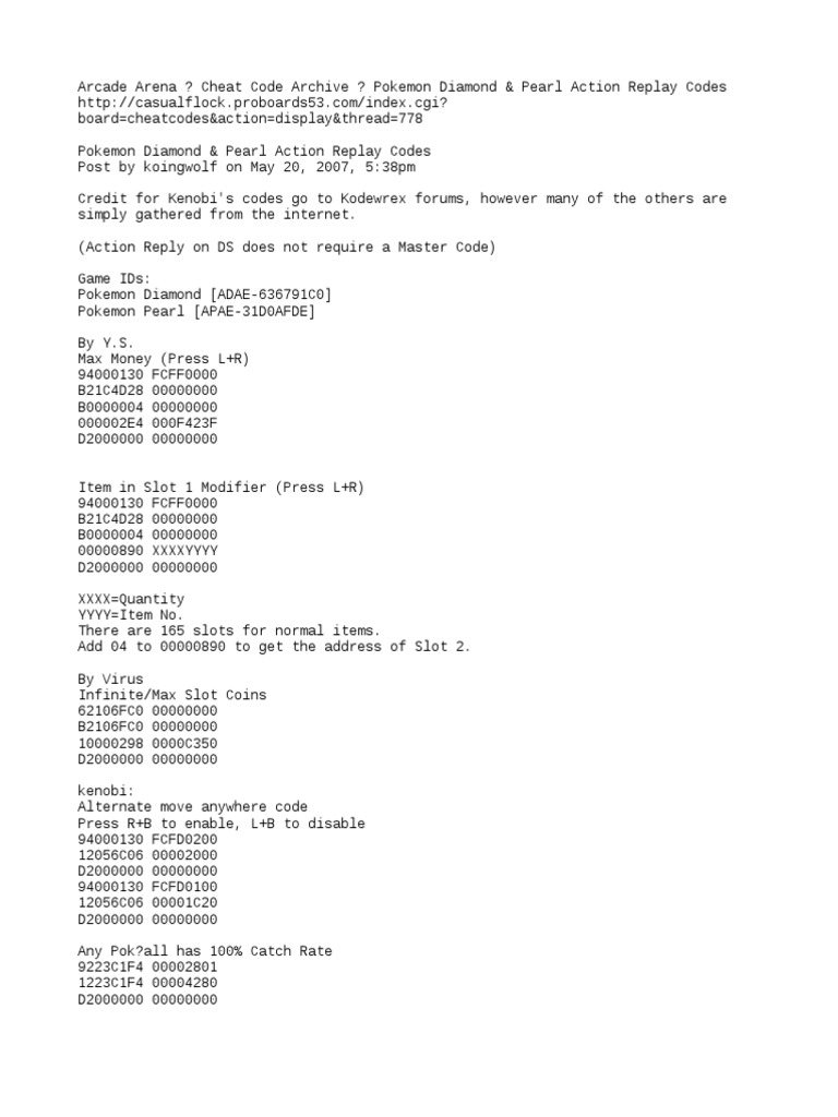 Pokemon Diamond US Action Replay codes list for legendary Pokemon catch cheat